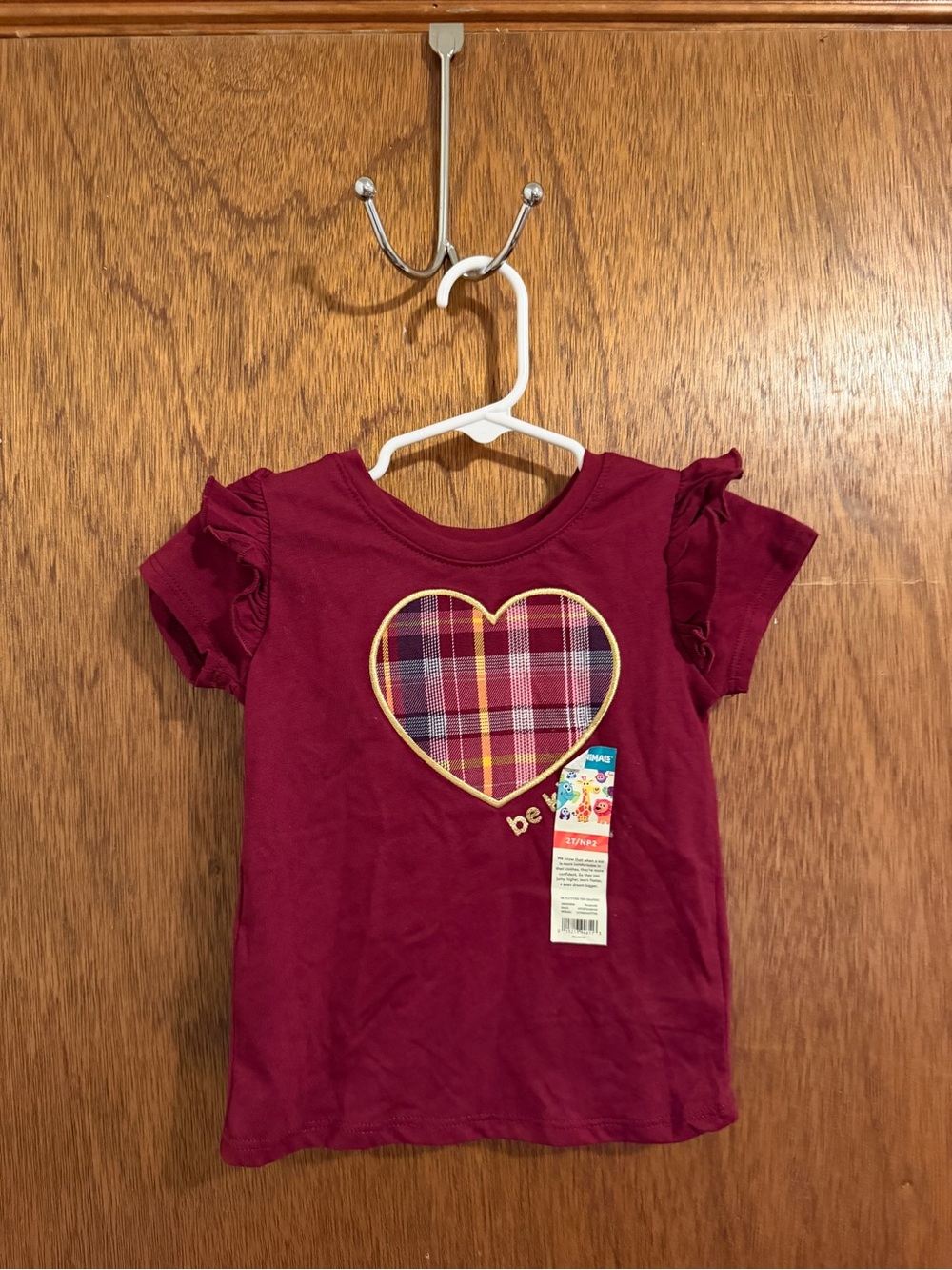 Garanimals Maroon Short Sleeve Tee with Plaid Heart Appliqué